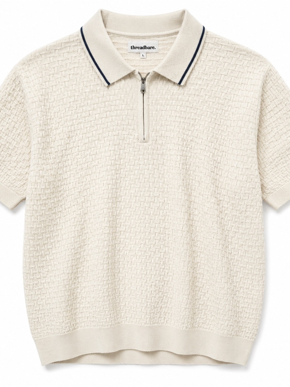 Thread & Supply Cream Textured Half-Zip Polo Sweater with Navy Trim